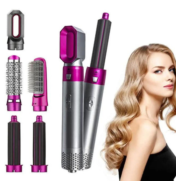 Unisex 5-in-1 hot air hair styler kit for drying, curling, and volumizing all hair types.