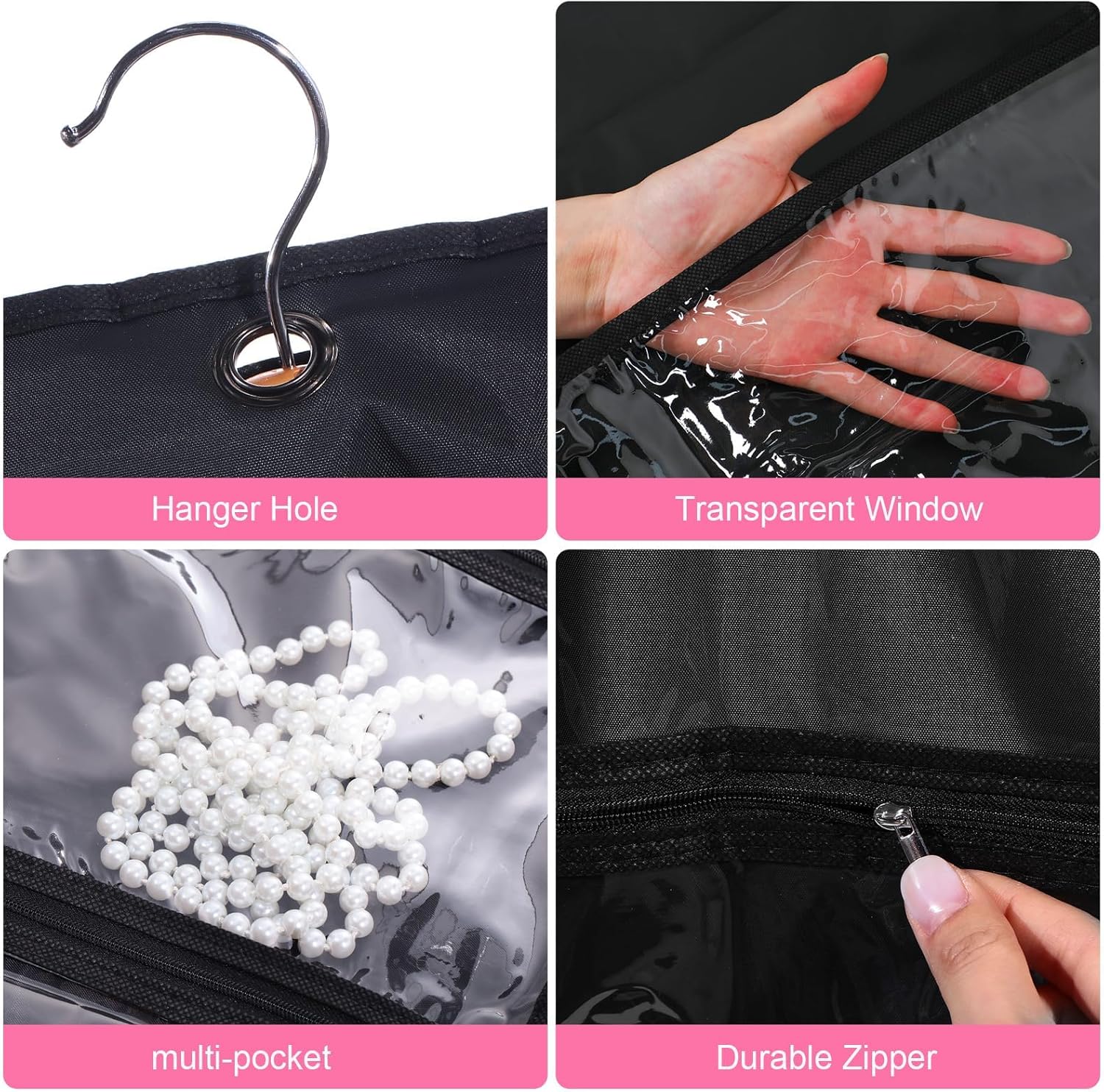 Accessory organizer: 5 clear garment bags with fold loop & pockets for dance costumes & performance gear.