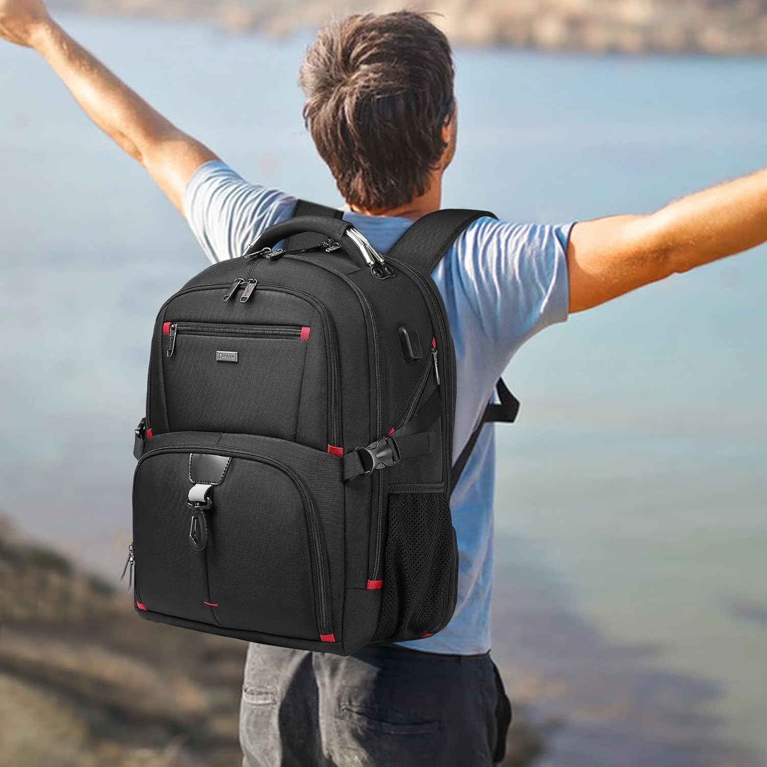 Unisex 50L extra large travel laptop backpack with USB charging port, water-resistant for all your gear.