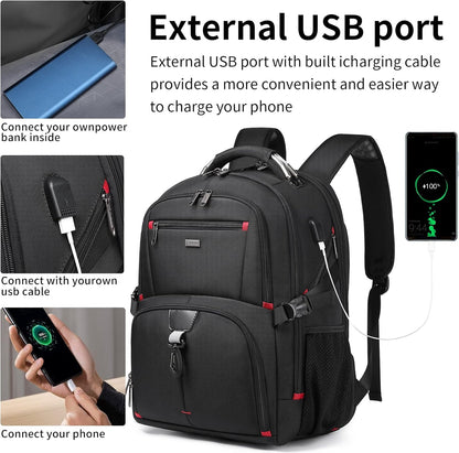 Large laptop backpack (50L) with integrated USB charging, ideal for daily commute & international travel.
