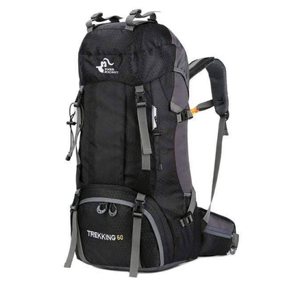 Back panel of 60L hiking rucksack, featuring breathable mesh and adjustable straps.