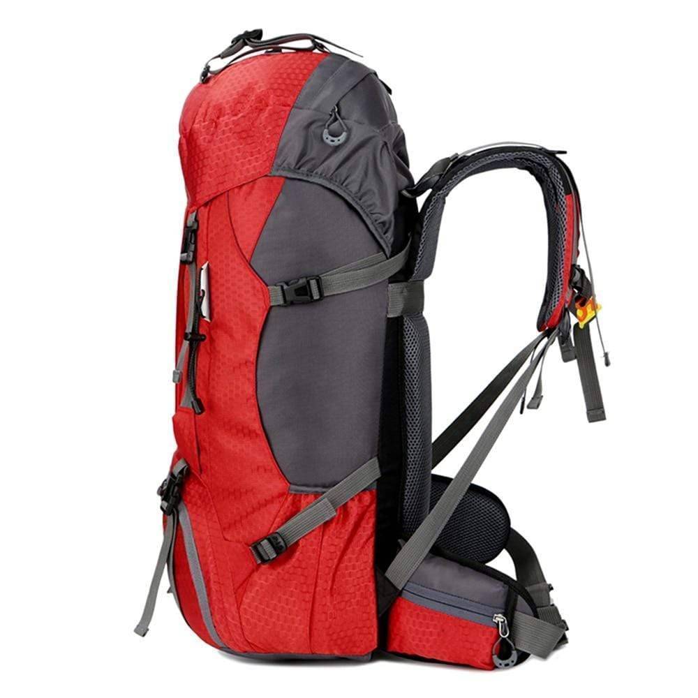 Unisex 60L mountaineering rucksack, waterproof, external pockets for climbing gear.
