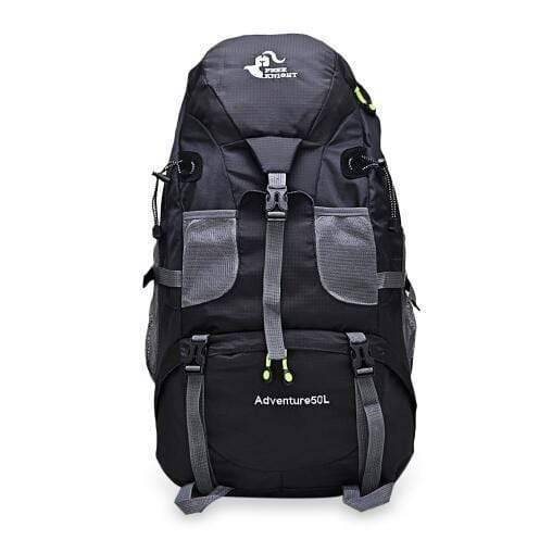 Side view of 60L mountaineering backpack, illustrating compression straps and design.