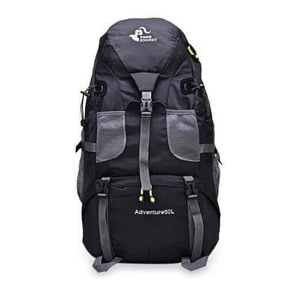 Side view of 60L mountaineering backpack, illustrating compression straps and design.