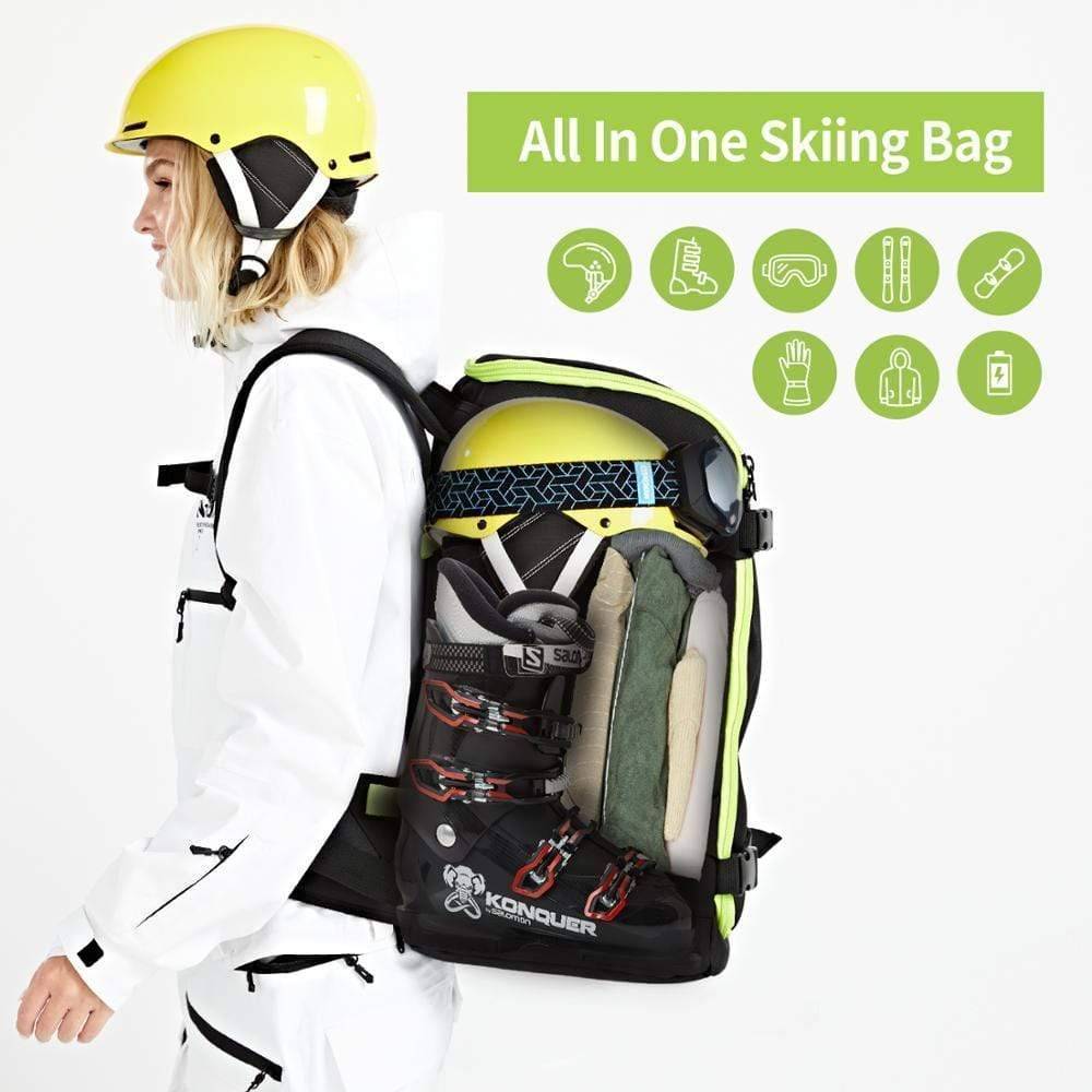 Unisex 50L ski snowboard travel backpack, black, with USB port, side view, durable outdoor gear.