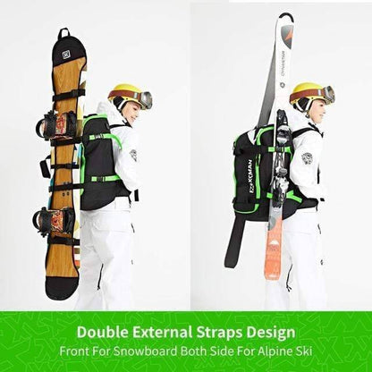 Front view of black 50L travel backpack for ski and snowboard, highlighting USB port and ample storage.