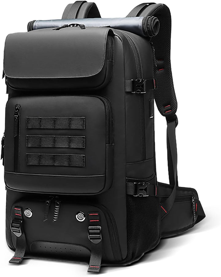 Unisex 50L waterproof travel backpack with shoe compartment, USB port & laptop sleeve, ideal for hiking.