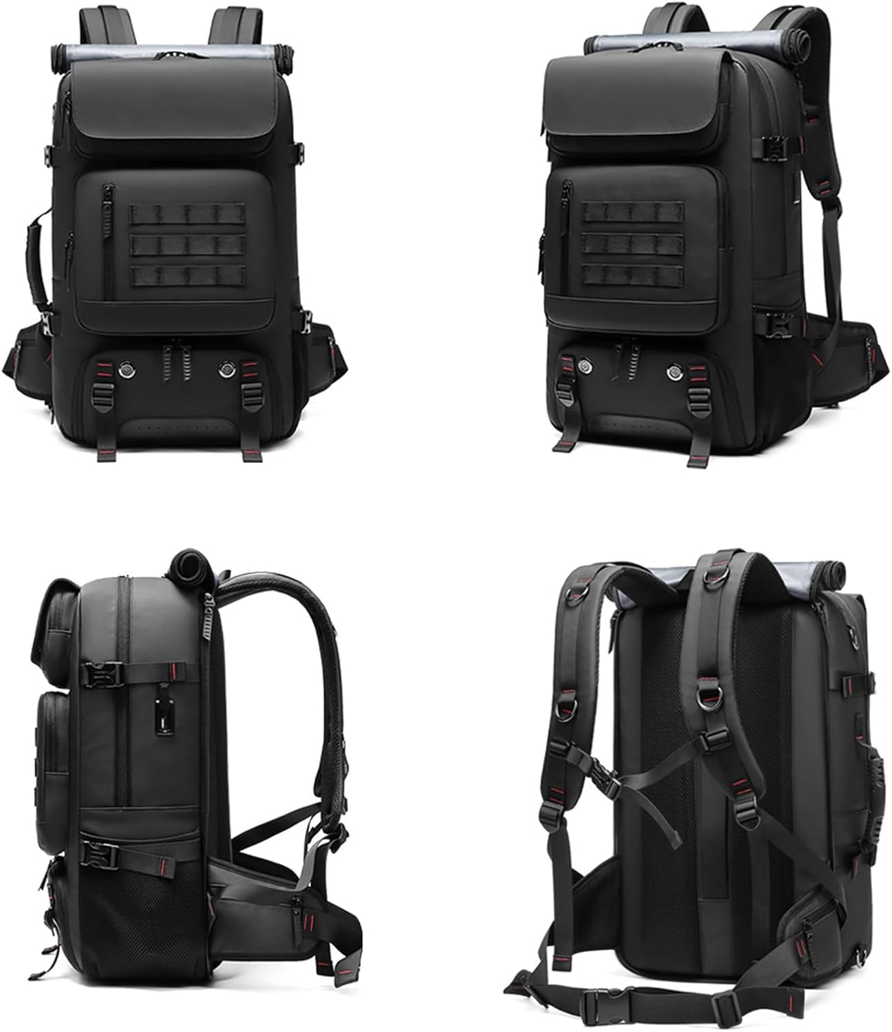 Large capacity 50L waterproof travel backpack for men & women, features shoe compartment & external USB charging.