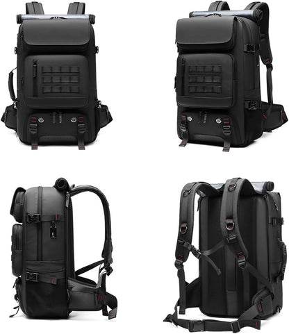 Large capacity 50L waterproof travel backpack for men & women, features shoe compartment & external USB charging.