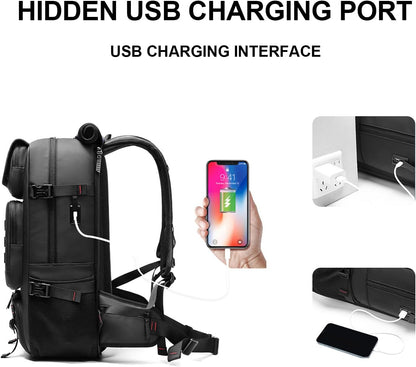 Spacious 50L waterproof unisex travel backpack with shoe compartment, USB port, & dedicated laptop section.