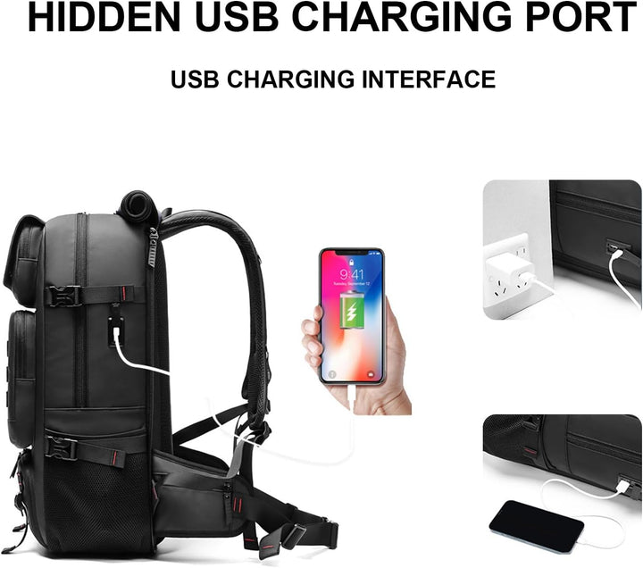 Spacious 50L waterproof unisex travel backpack with shoe compartment, USB port, & dedicated laptop section.