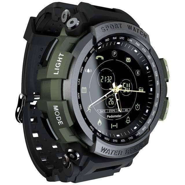 Close-up of a 50M waterproof outdoor sports smartwatch showing activity tracking, long battery life