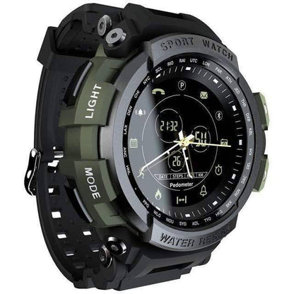 Close-up of a 50M waterproof outdoor sports smartwatch showing activity tracking, long battery life
