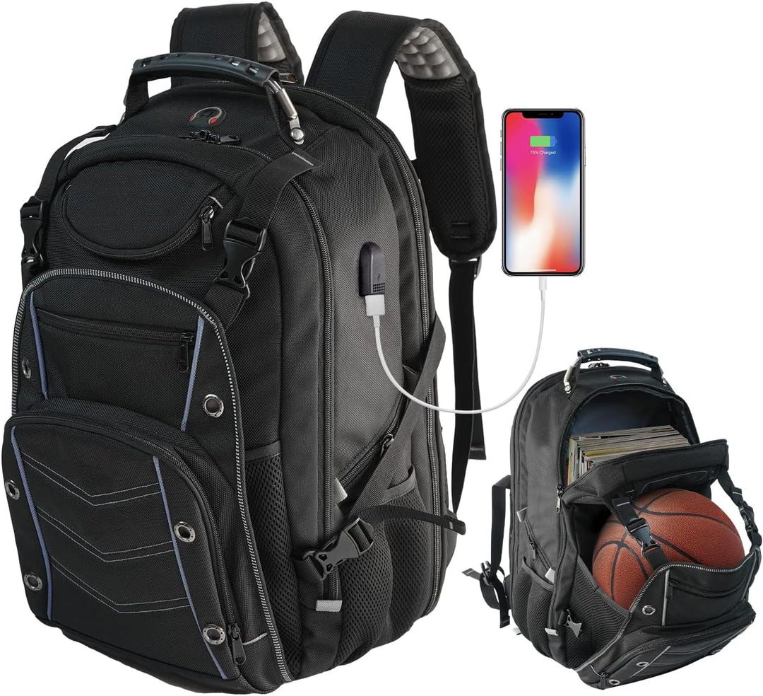 Unisex 55L travel backpack with USB charging port & RFID security pocket. Durable, TSA friendly anti-theft luggage.