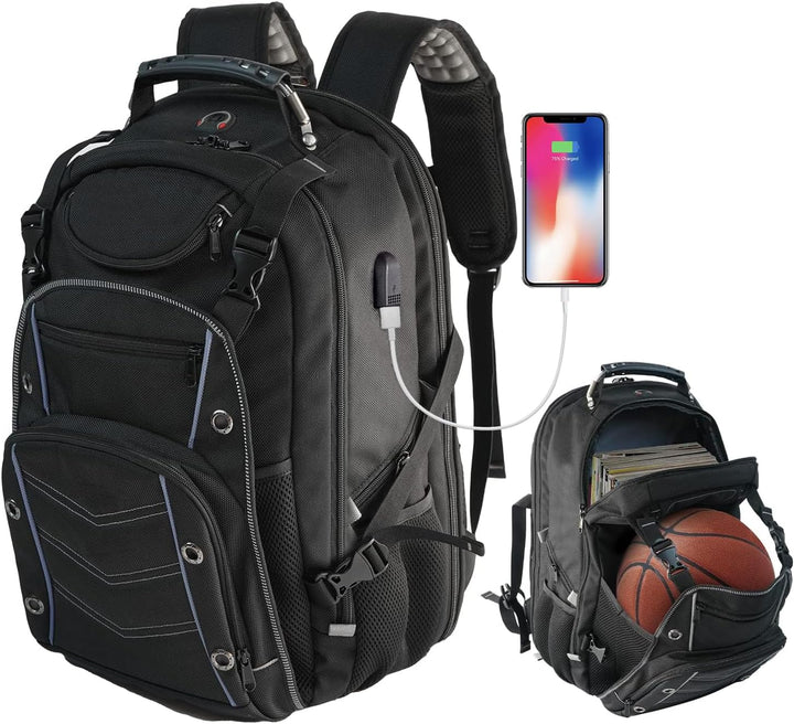 Unisex 55L travel backpack with USB charging port & RFID security pocket. Durable, TSA friendly anti-theft luggage.