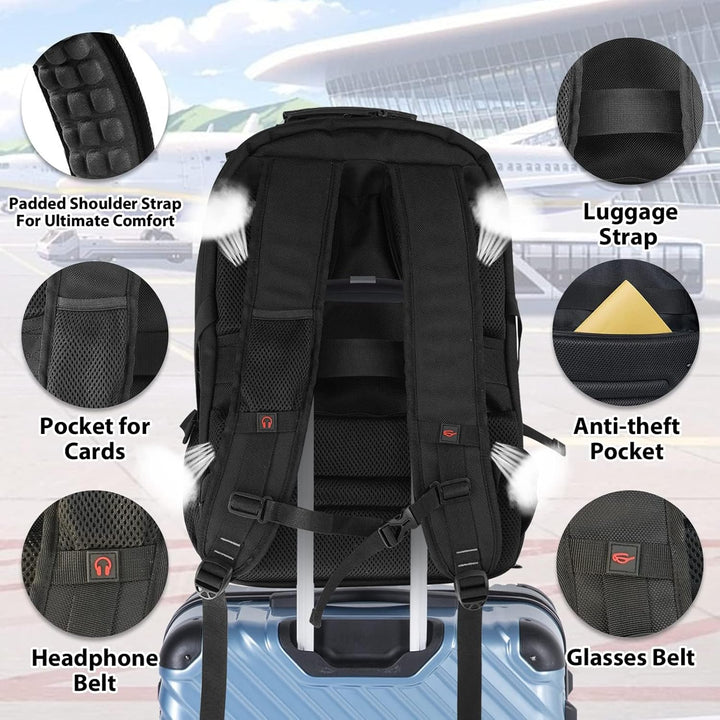TSA friendly 55L travel backpack with padded laptop compartment, USB charging, & anti-theft features for business.