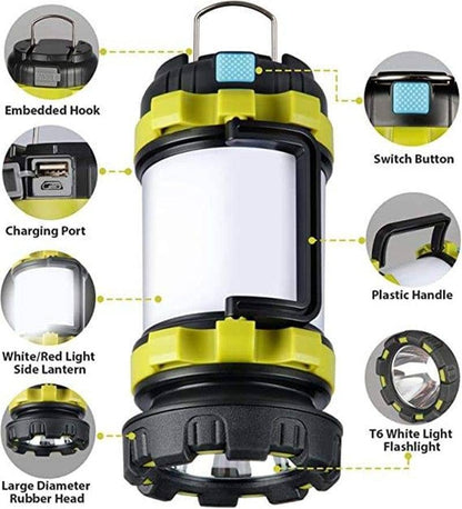 Rechargeable camping lantern featuring flashlight and power bank for versatile outdoor use