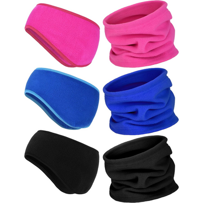 Soft unisex winter fleece set, ArcticPack. Includes adaptable ear warmer, headband, and neck warmer for warmth.
