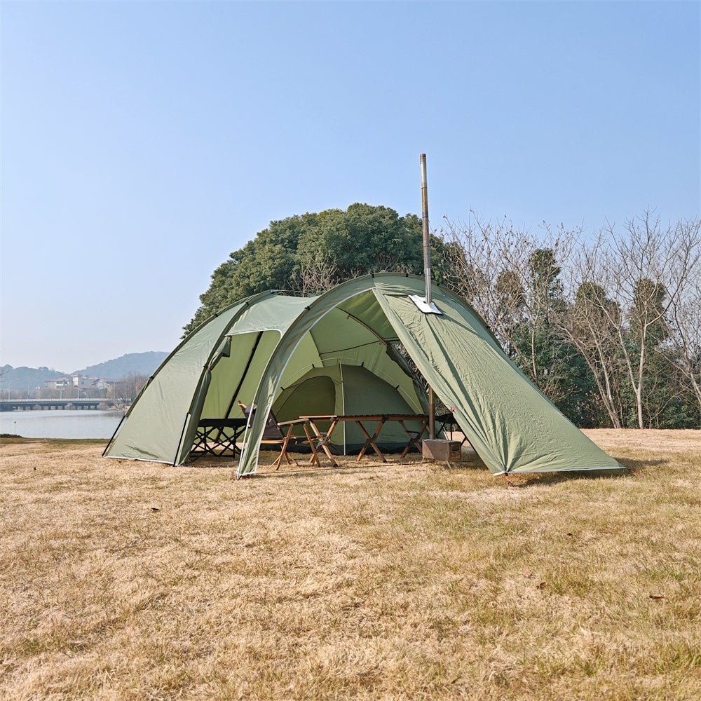 Six-person tunnel tent entrance with the awning extended, providing shade and extra sheltered space.