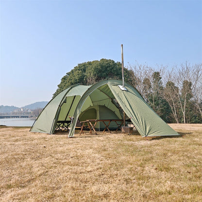 Six-person tunnel tent entrance with the awning extended, providing shade and extra sheltered space.