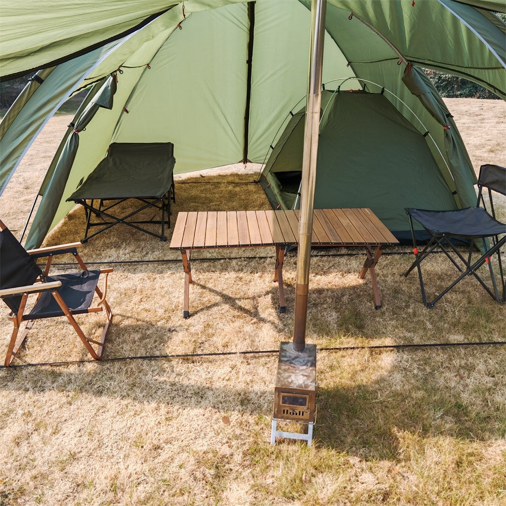 View of the 6-person tunnel camping tent at dusk, with ambient lighting and an inviting awning.