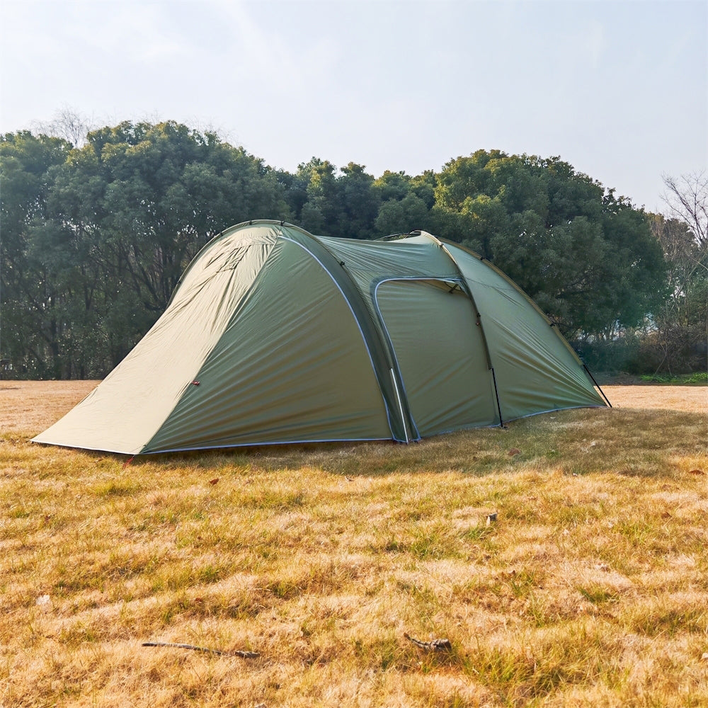 Angle showcasing the optimal ventilation features of a 6-person tunnel camping tent with attached awning.
