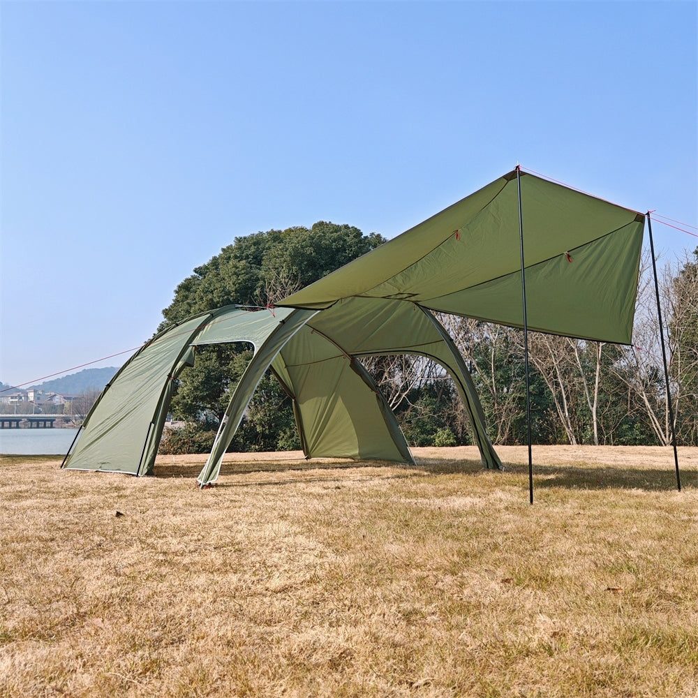High-angle shot of a multi-room 6 person tunnel camping tent with practical awning, perfect for groups.