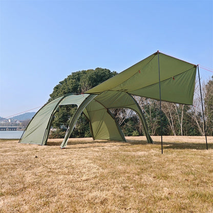 High-angle shot of a multi-room 6 person tunnel camping tent with practical awning, perfect for groups.