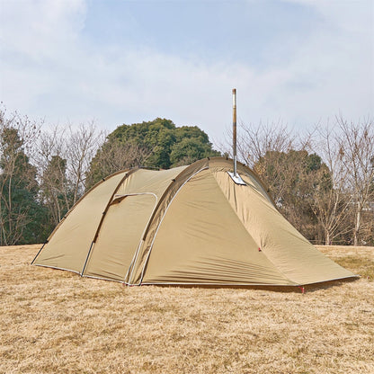 Durable all-season tunnel camping tent for six, with a protective awning for extended outdoor living.