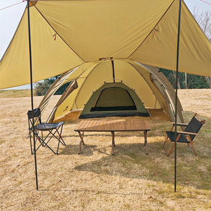 Overview of a 6-person unisex tunnel tent setup with a visible awning, ready for outdoor shelter.