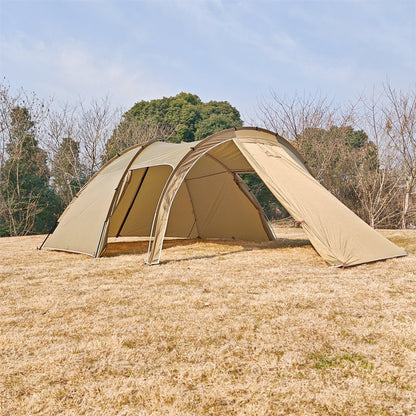 Close-up of the waterproof fabric on a 6-person tunnel camping tent with awning, built for durability.