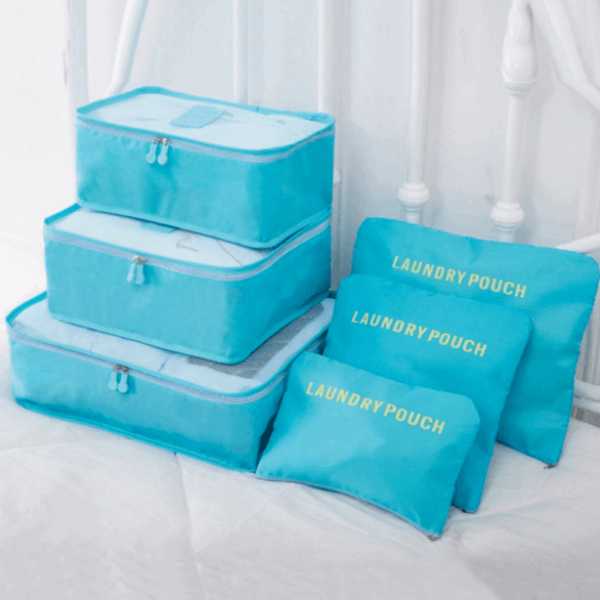 Compact travel storage set. Unisex 6-piece packing cubes for convenient luggage organization.