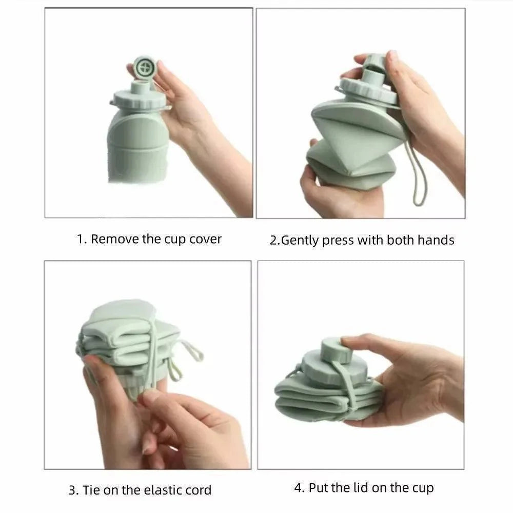 Folded 600ml silicone water bottle, compact for travelgear, showing its portable and space-saving design.