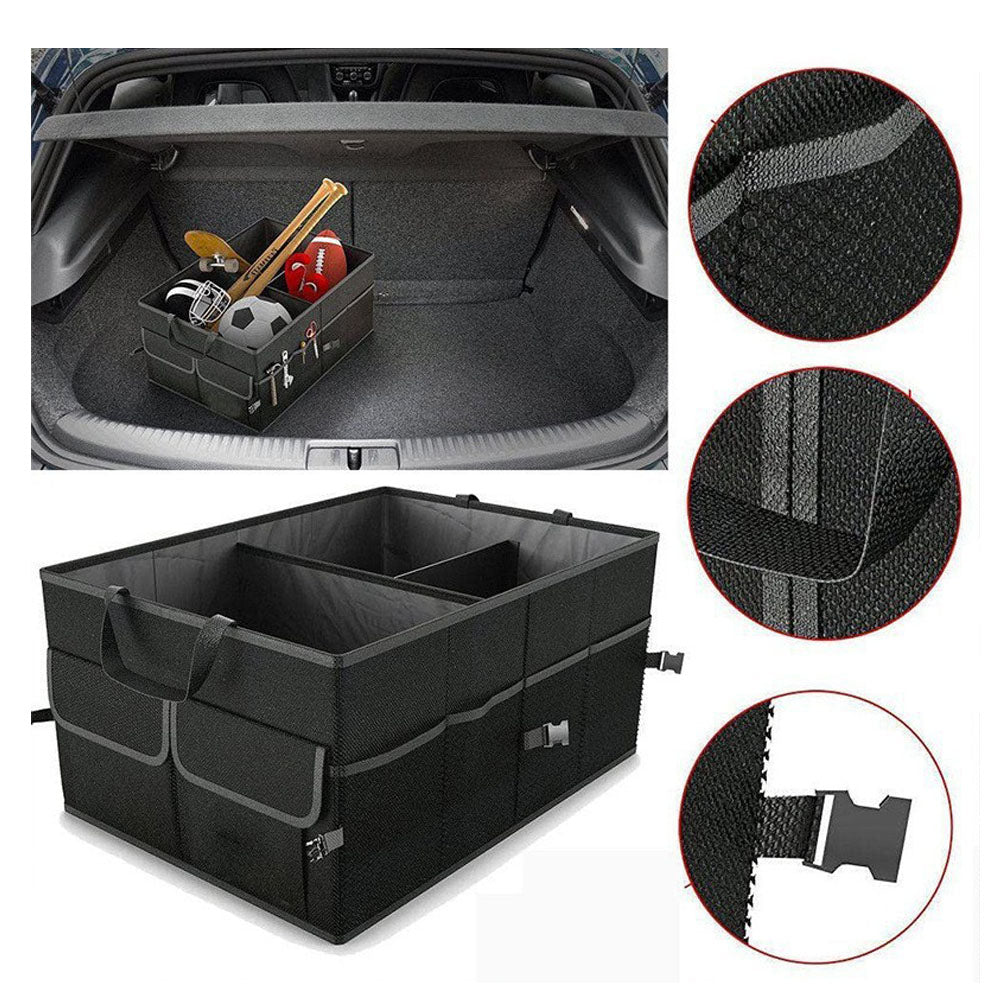 Collapsible 60L trunk organizer with lid, ideal for groceries, camping and travel gear
