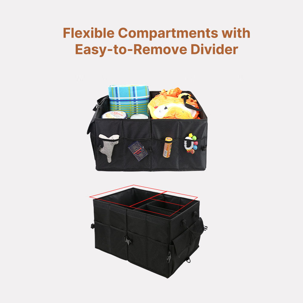 Black 60L collapsible car organizer with lid for versatile auto storage and camping