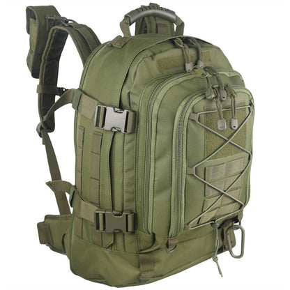 Detail of waterproof material on a tactical backpack, repelling water droplets effectively