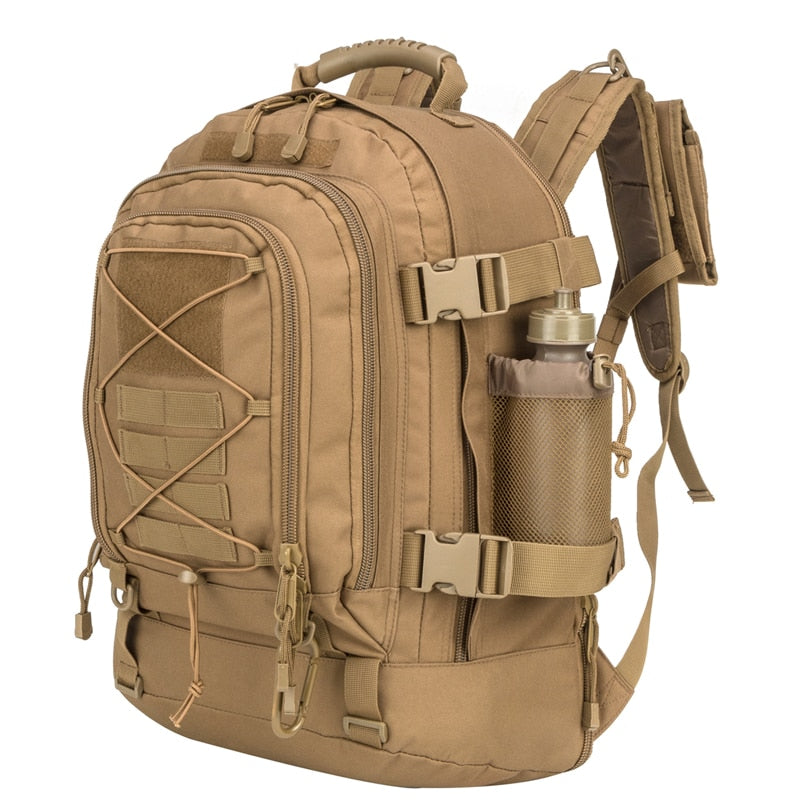 Front and side view composite image of a 60L grey outdoor gear backpack, military style