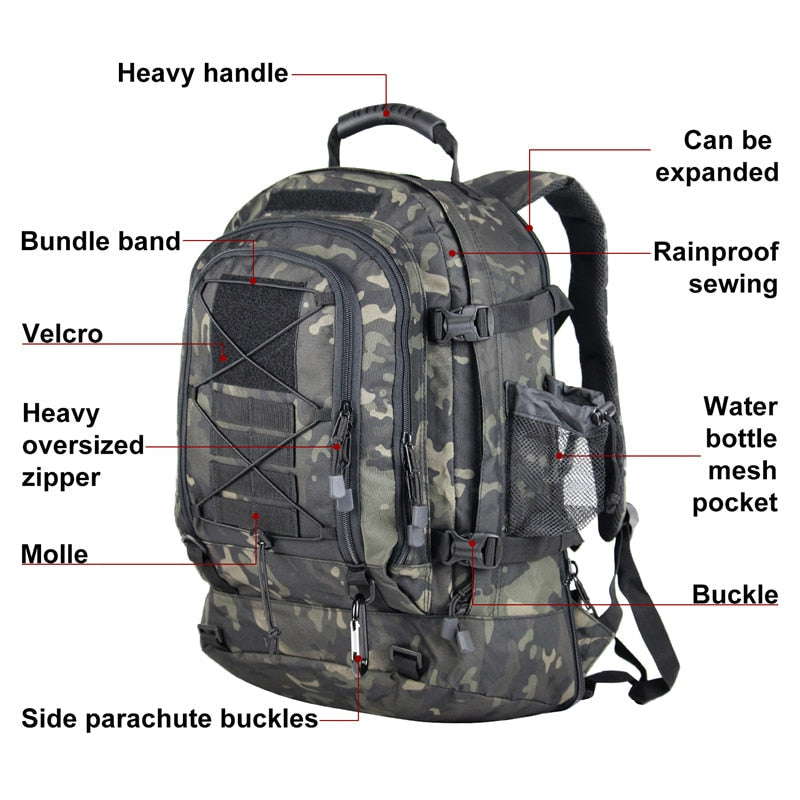 Side view of 60L military rucksack with MOLLE system, highlighting waterproof fabric & adjustable straps