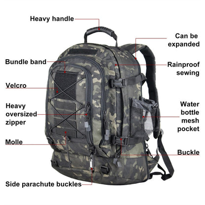 Side view of 60L military rucksack with MOLLE system, highlighting waterproof fabric & adjustable straps