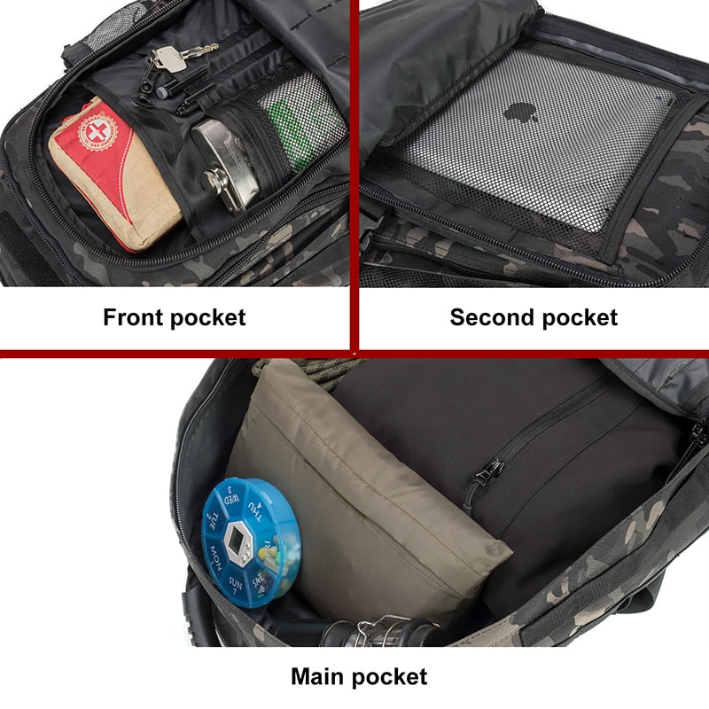 Back view of 60L hiking backpack, ergonomic design with padded shoulder straps & hip belt