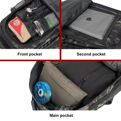 Back view of 60L hiking backpack, ergonomic design with padded shoulder straps & hip belt