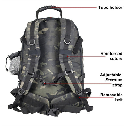 MOLLE system detail on a military rucksack, showcasing attachment points for extra gear