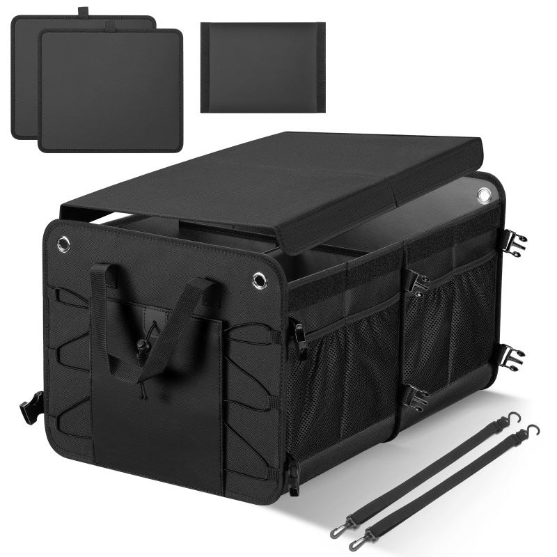 Organized car trunk with a black 60L foldable organizer, neatly holding items