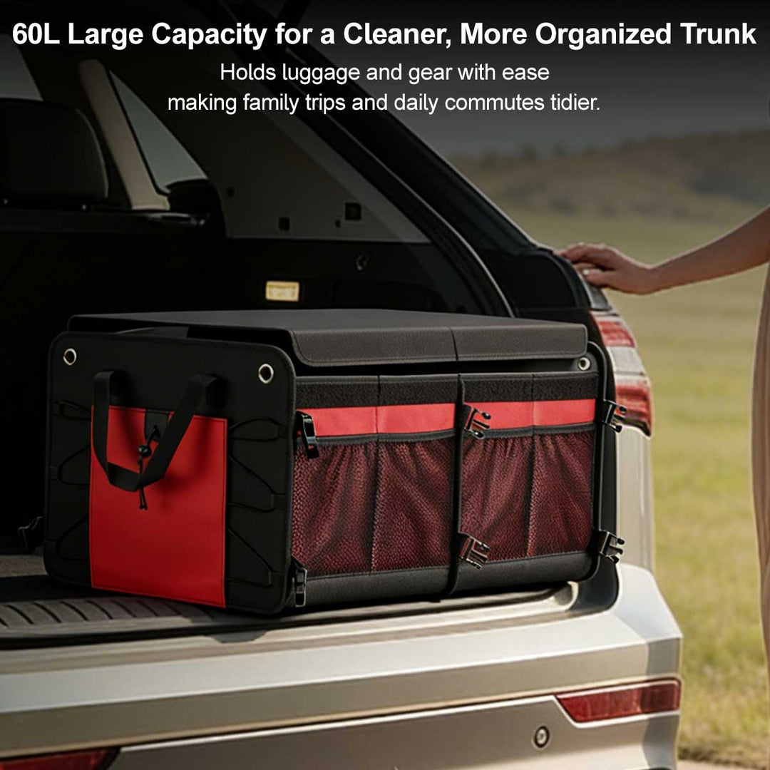 Foldable 60L car trunk organizer with multiple compartments, black and durable SUV storage