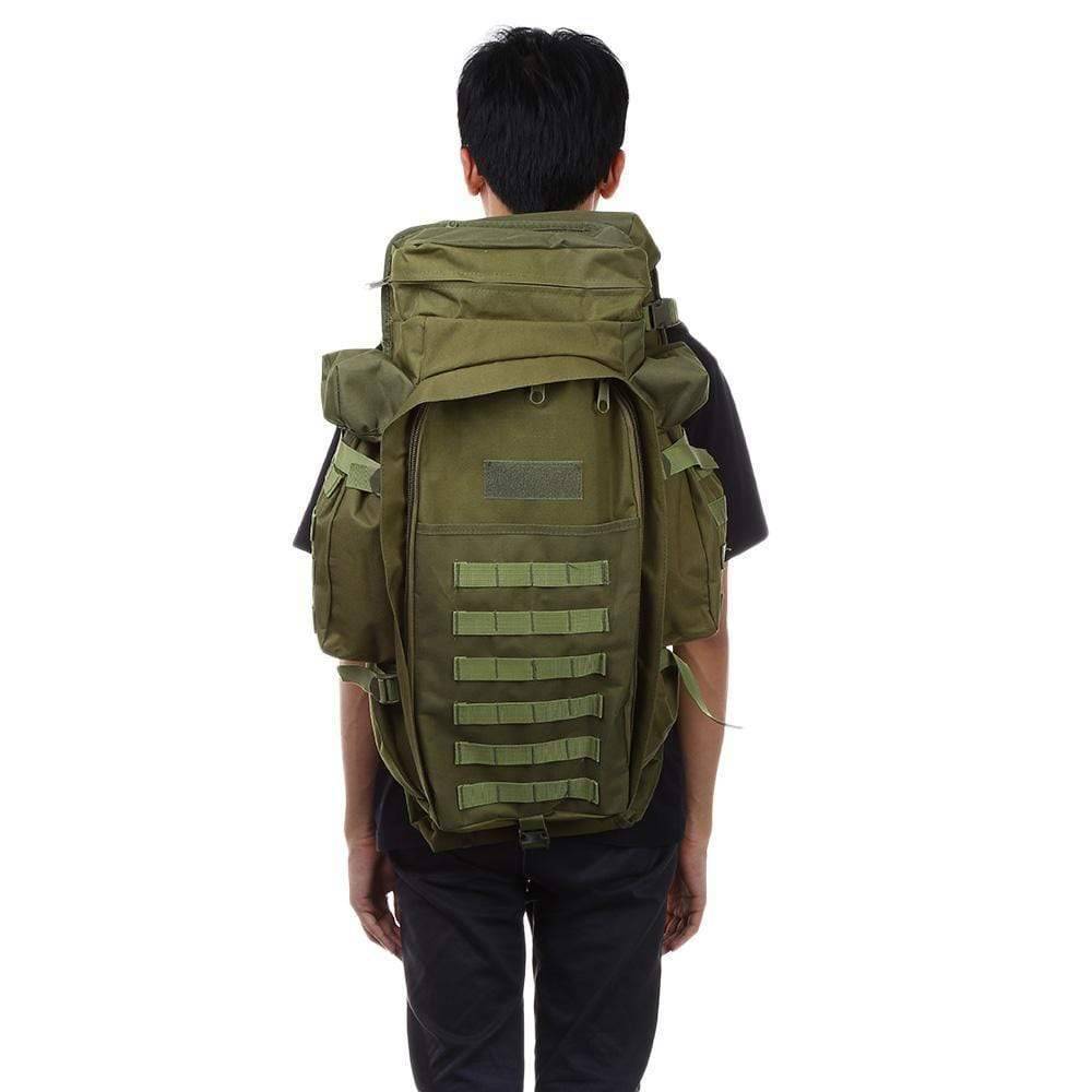 Unisex 60L military tactical backpack with rifle carry, durable OD green nylon, molle system for hunting