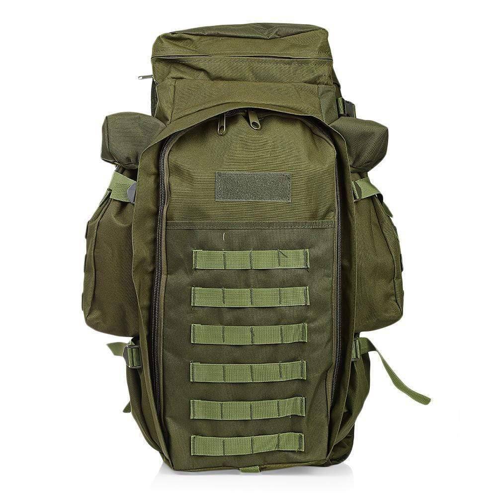 Large 60L tactical rifle backpack in black, designed for outdoor adventure and camping gear transport