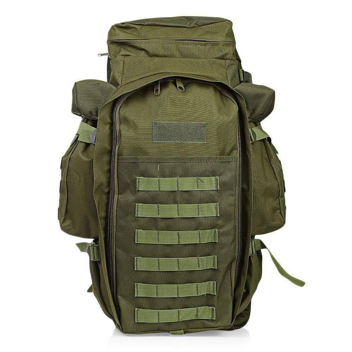 Large 60L tactical rifle backpack in black, designed for outdoor adventure and camping gear transport