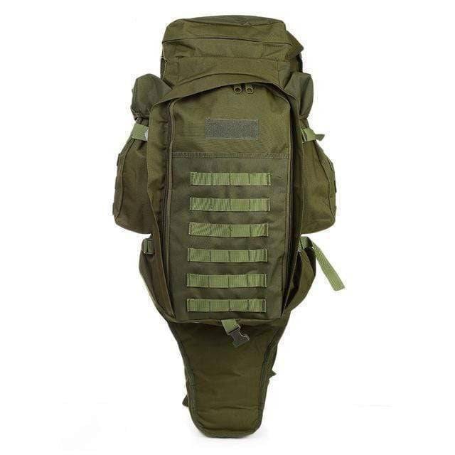 Front view of 60L tactical backpack with molle webbing, designed for rifle transport & camping gear