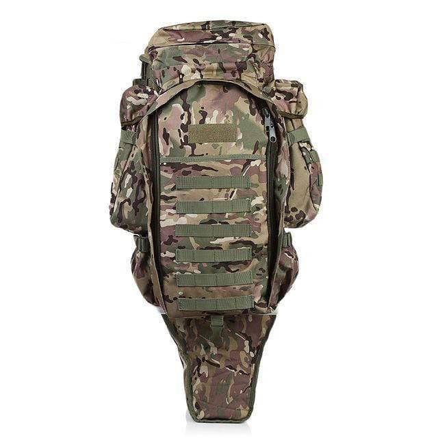 Side view of 60L rifle backpack, showing compression straps and water bottle pockets for trekking