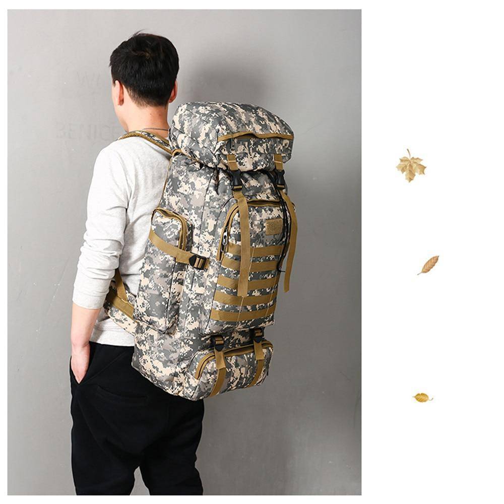 Unisex 60L tactical hiking and camping backpack, showcasing durable waterproof material